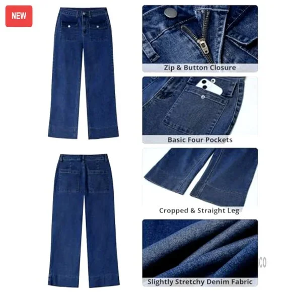 High Waisted Wide Leg Cropped Jeans Stretchy Denim Retro Patch Pockets